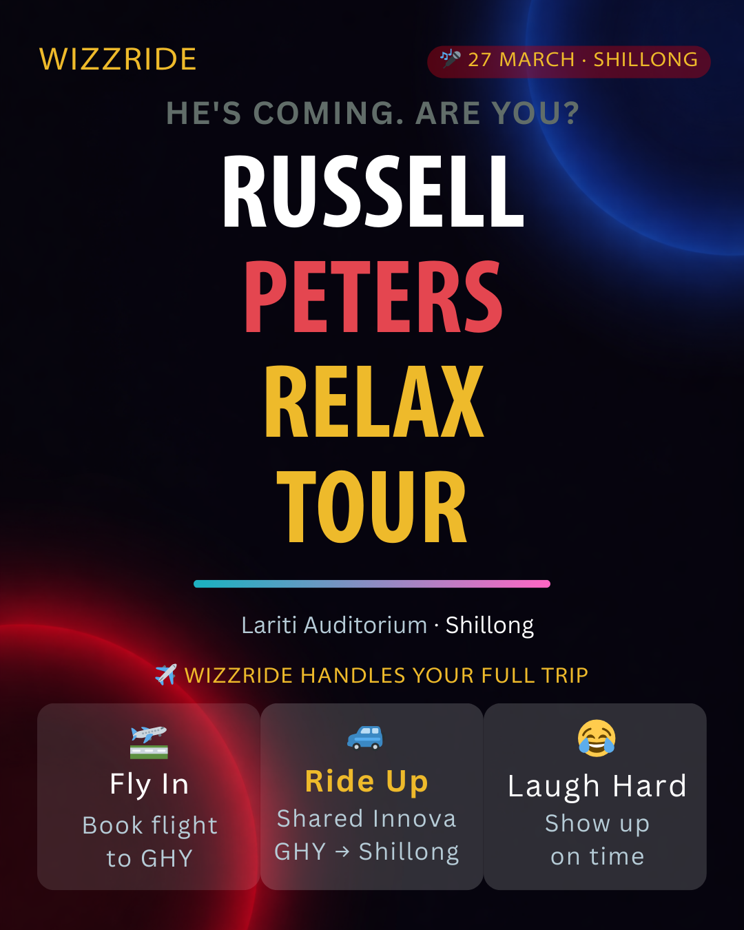 Russell Peters Live in Shillong – March 27, 2026 | Book Flights and Cabs with Wizzride